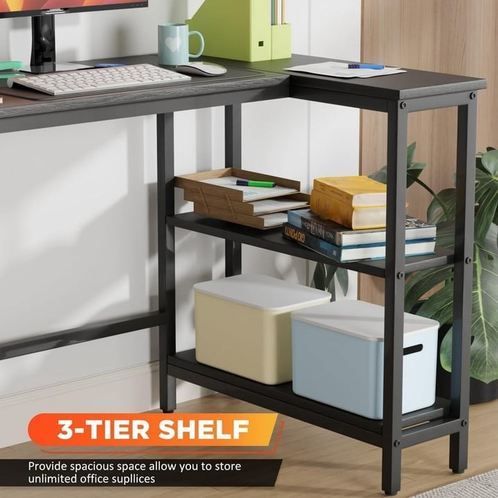 FDW 43 Inch L-Shaped Computer Desk with Metal Frame and Reversible Storage Shelves,Black