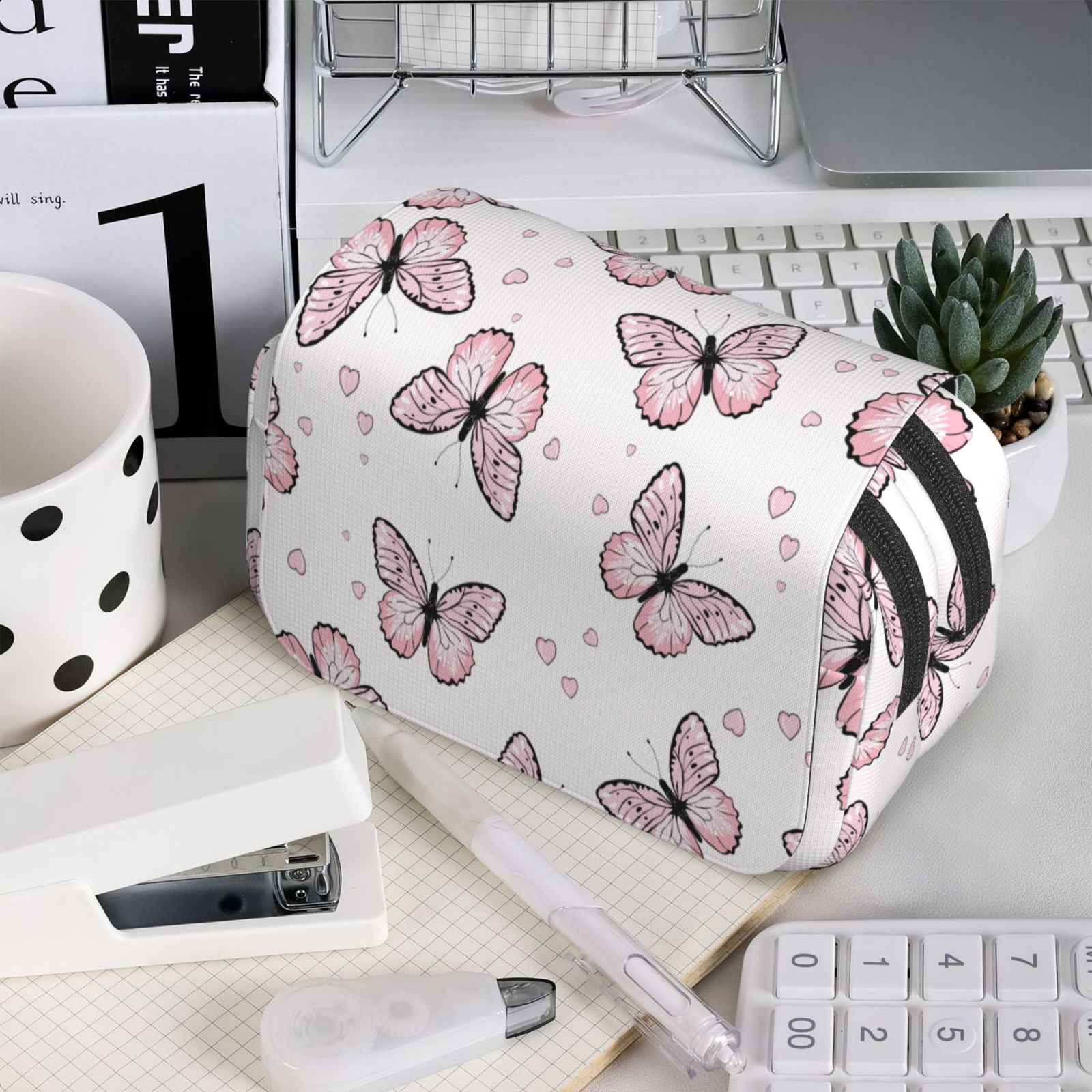 Rateoe Butterflies (2) Pattern Double Clamshell Pen Case, Storage Organizer with Two Zipper Compartments– Holds Up to 50 Pencils & Pens
