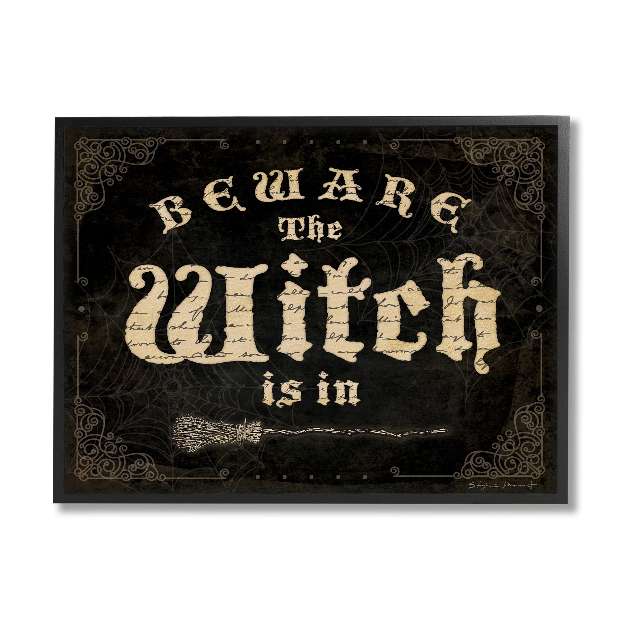 Stupell Industries Beware The Witch Vintage Phrase Holiday Painting Gray Framed Art Print Wall Art