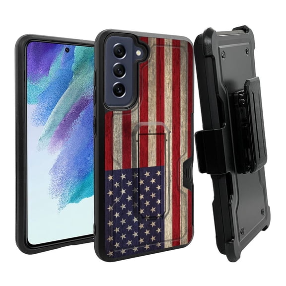 ANJ  Rugged Dual Layer Hybrid Holster Kickstand Case w/ Card Slot   Tempered Glass Cover for Samsung Galaxy S21 FE 5G - American Flag on Plank