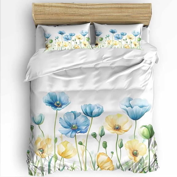 Spring Floral King Size Comforter Set, Watercolor Blue Green Poppy Soft Bedding for All Seasons, 4 Pcs Bed Set with 1Comforter (90"x106") ,1 Sheet(94"x116"), 2 Pillowcases (19"x35")