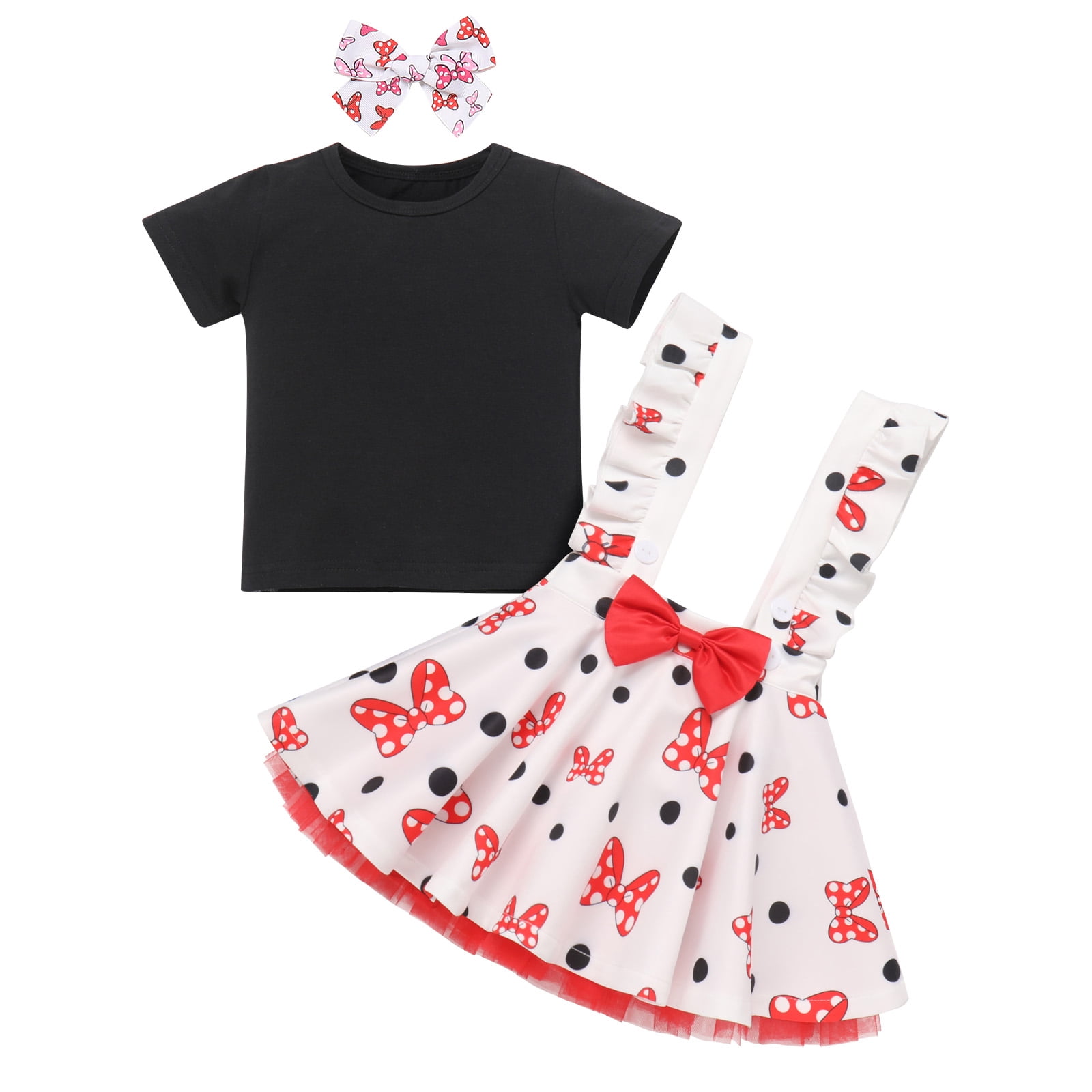 IBTOM CASTLE Toddler Baby Girls Mouse Birthday Outfit Short Sleeve Pullover T-shirt Suspender Skirt with Headband Cake Smash Casual Outfits 3-4 Years Black + Red