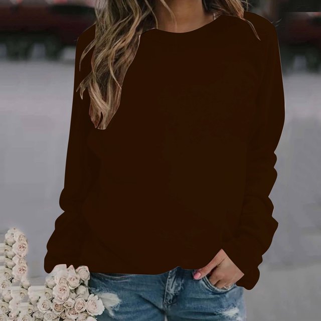 Meichang Sweat-Shirt pour Femmes à Manches Longues Col Rond Confortable Pull Basique Couleur Unie Sweat-Shirts Automne 2024 Légers