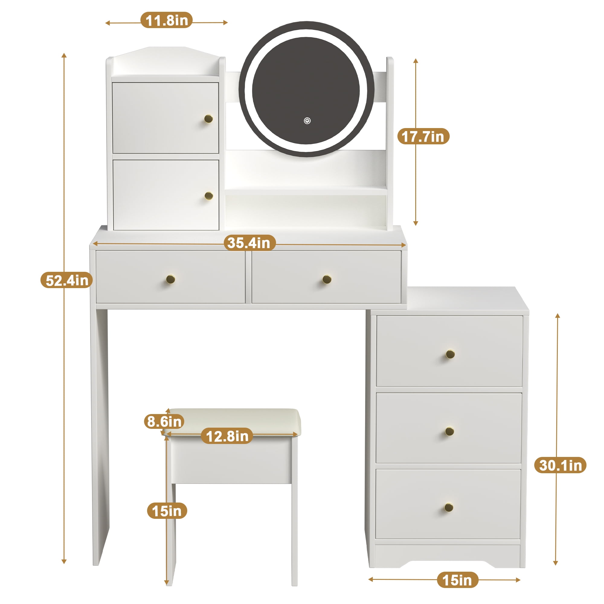 Makeup Vanity Desk with Mirror and Lights Dressing Table with 5 Drawers Bedroom Storage Cabinet