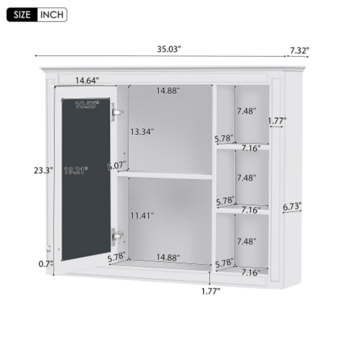 35"x 28" Wall Mounted Bathroom Medicine Cabinet with Mirror, Bathroom Storage Cabinet with 6 Open Shelves, Adjustable Shelves & Towel Bar, White