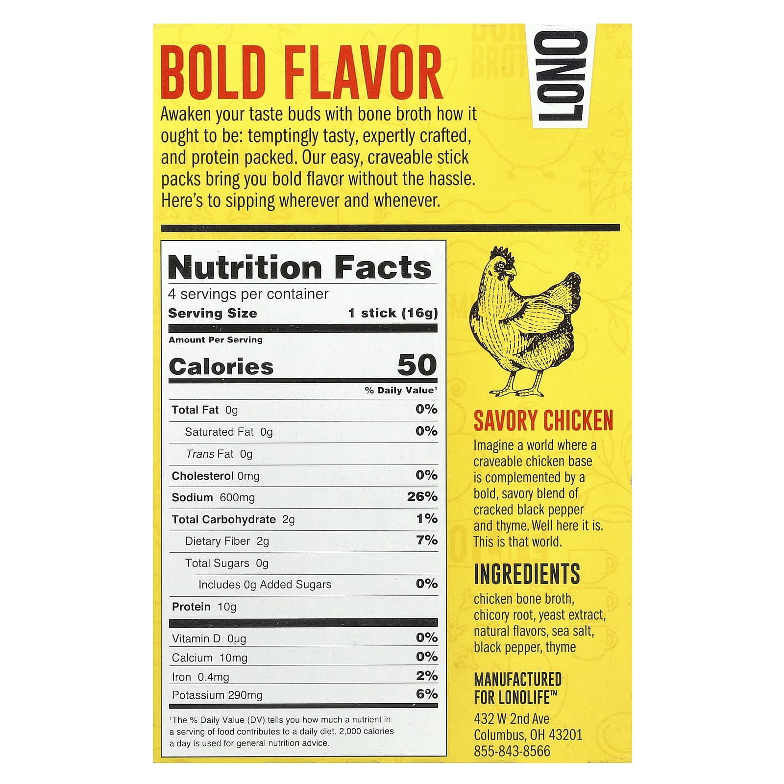 Lonolife, Broth, Chicken Bone, Paleo, 4 Stick Packs, .56 oz Pack of 3