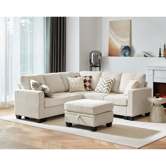 CHIC HOUSE 83" L Shaped Sectional Sofa with Storage Ottoman Chaise, Corduroy Sofa Convertible Sectional Couches for Living Room, 6 Seater Corner Modular Sofa with Deep Seat Throw Pillows, Beige