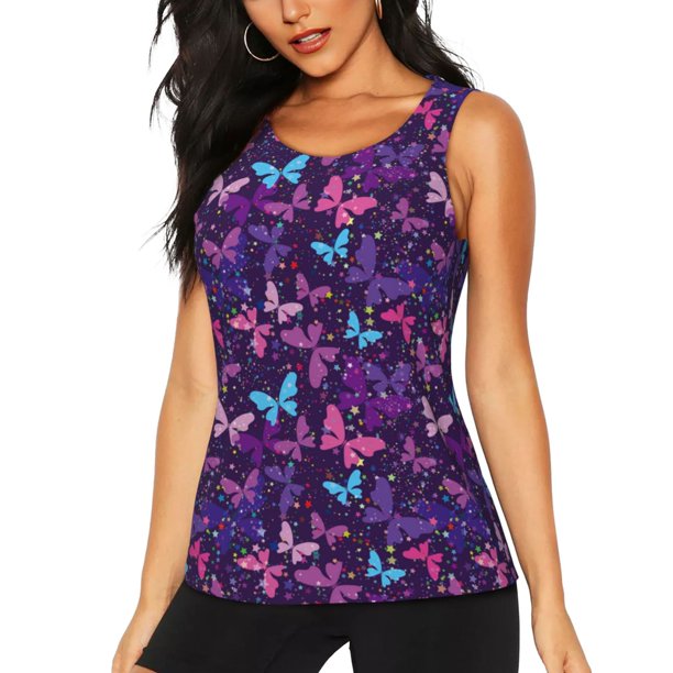 Fotbe Bright Purple Butterflies Blusas Sin Mangas para Mujer – Estilo Casual, Corte Suelto, Slim-Fit, Cuello Redondo Deportivo, Tops de Verano para Gimnasio y Yoga-Medium