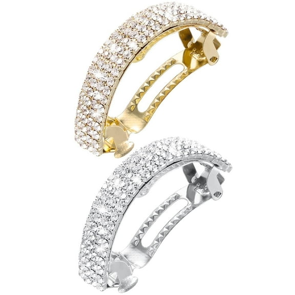 2 Pcs Bling Rhinestone Hair Clip,Casewin Semicircle Crystal Hair Barrettes Crystal Ponytail Holder Elegant Metal Hairpins Rhinestone Hair Accessories for Women Girls Wedding, Gold Silver Plated