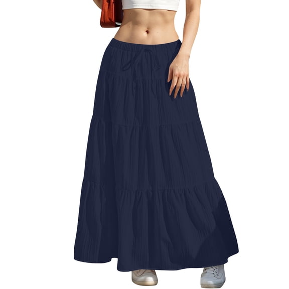 Xdegoge Womens Maxi Skirts High Waisted Flowy Tiered Drawstring Elastic Waist Ruffle Casual Summer Beach Vacation Travel Hippie Boho Skirt Maxi Skirt