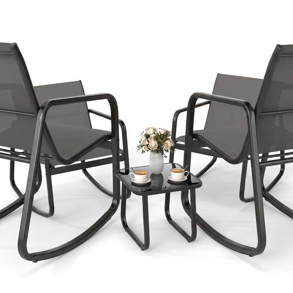 ALPULON 3-Piece Outdoor Bistro Set with 2 Rocking Chairs and Glass-Top Table, Metal Patio Rocker Chairs and Tempered Glass Side Table for Porch Yard Balcony, Gray