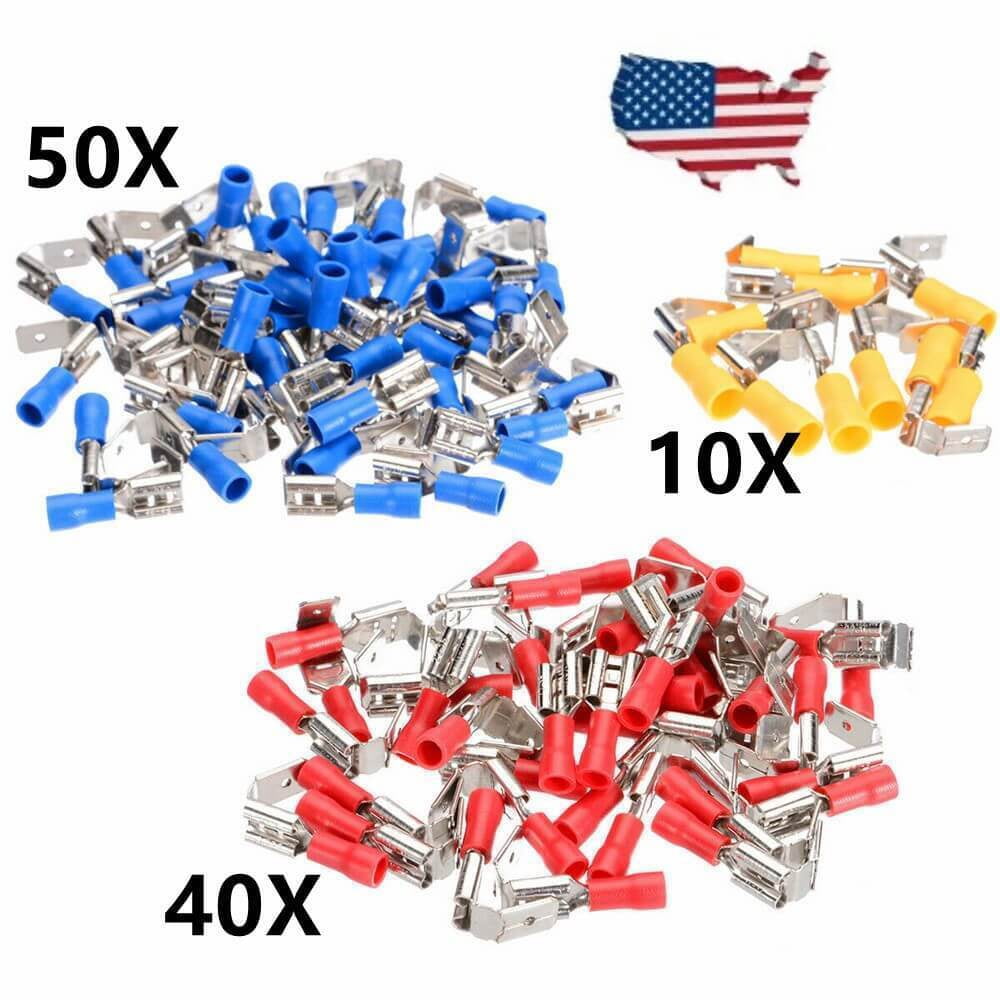 100Pcs 6.3mm Fully Insulated Crimp Spade Terminals Piggyback Wire Connectors Set