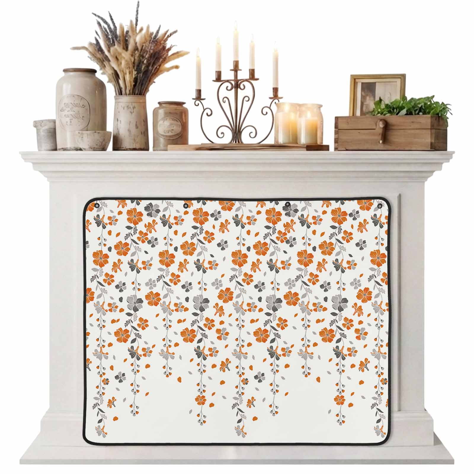 Magnetic Fireplace Cover Orange Grey Floral Fireplace Screen Spring Flowers Insulation Fireplace Blocker Blanket Save Energy Fireplace Draft Stopper Covers for Living Room 45x34