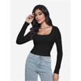thumbnail image 2 of Women Crew Neck Knitted Crop Shirt Long Sleeve Low Cut Basic Solid Tee Sexy Cutout Blouse Top Streetwear, 2 of 6