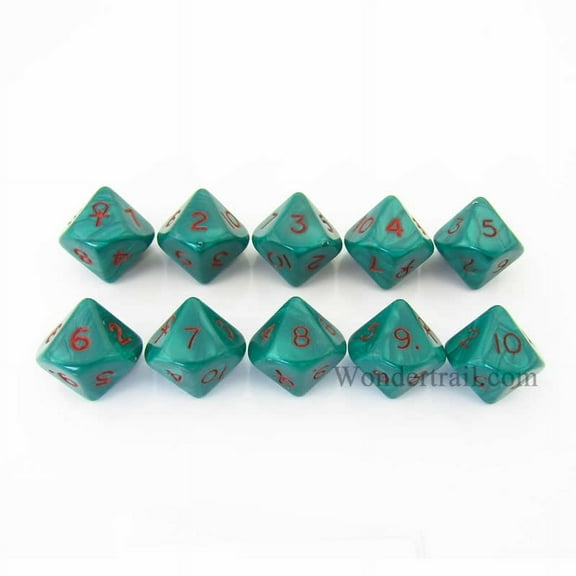 Green Ankh Dice with Red Numbers D10 16mm (5/8in) Pack of 10 Koplow Games