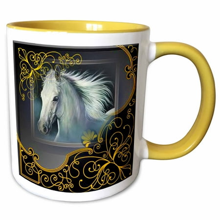 - 3dRose White Stallion in a beautiful black frame with gold accents - Two Tone Yellow Mug, 11-ounce