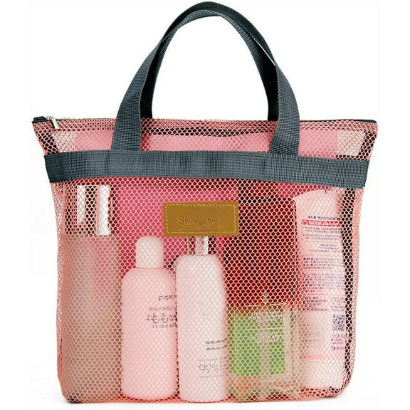NOGIS Mesh Shower Caddy Bag Portable Hanging Toiletry and Bath Organizer with Zipper for Travel, Swimming, Gym, Camping, College Dorms, Beach (Pink)