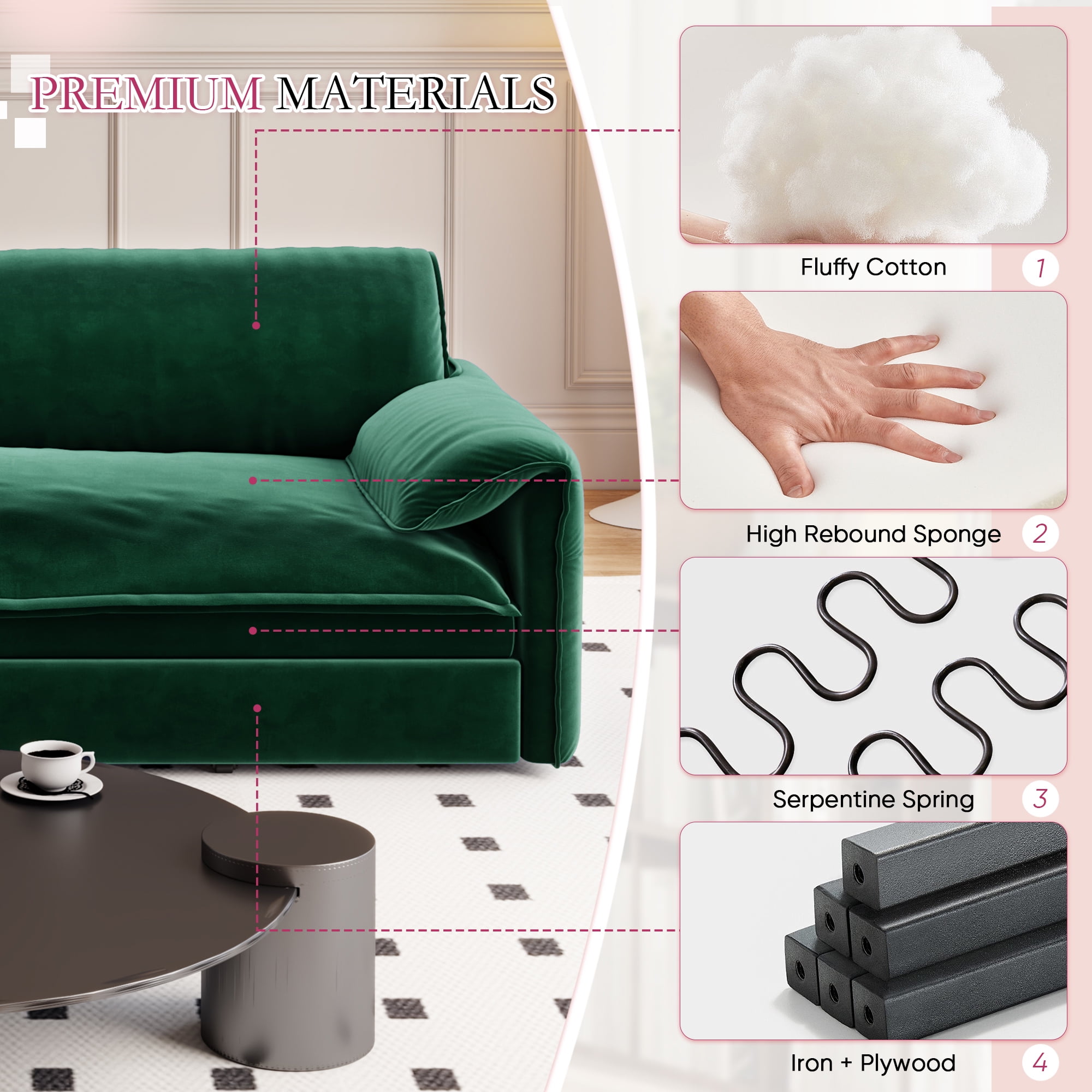 Timbernest 66" Futon Sofa Bed, 3 in 1 Convertible Sleeper Sofa Queen Size with Side Storage, Velvet Pull Out Sofa Bed, Green