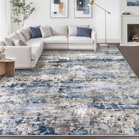 Washable Modern Abstract Low-Pile Non-Slip Area Rug 8' x 10' Rectangular in Blue Grey Brown