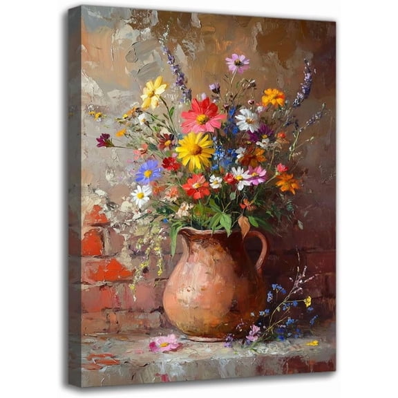 Vintage Wildflowers Framed Wall Art Canvas print, Modern Abstract Vase and Flowers Painting, Living Room Bedroom Decor Nature Picture For Home (8W X 12L)