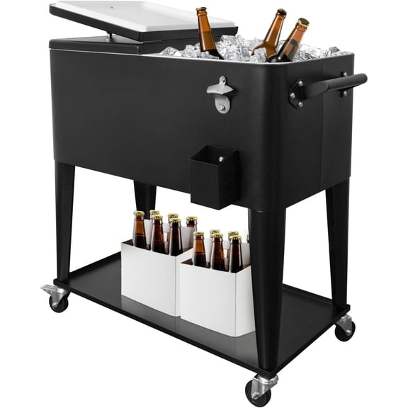80QT Rolling Cooler Cart with Wheels, Ice Chest Outdoor Backyard Coolers on Wheels with Large Storage Space, Portable Drink Beverage Bar for Patio Pool Party with Shelf and Bottle Opener