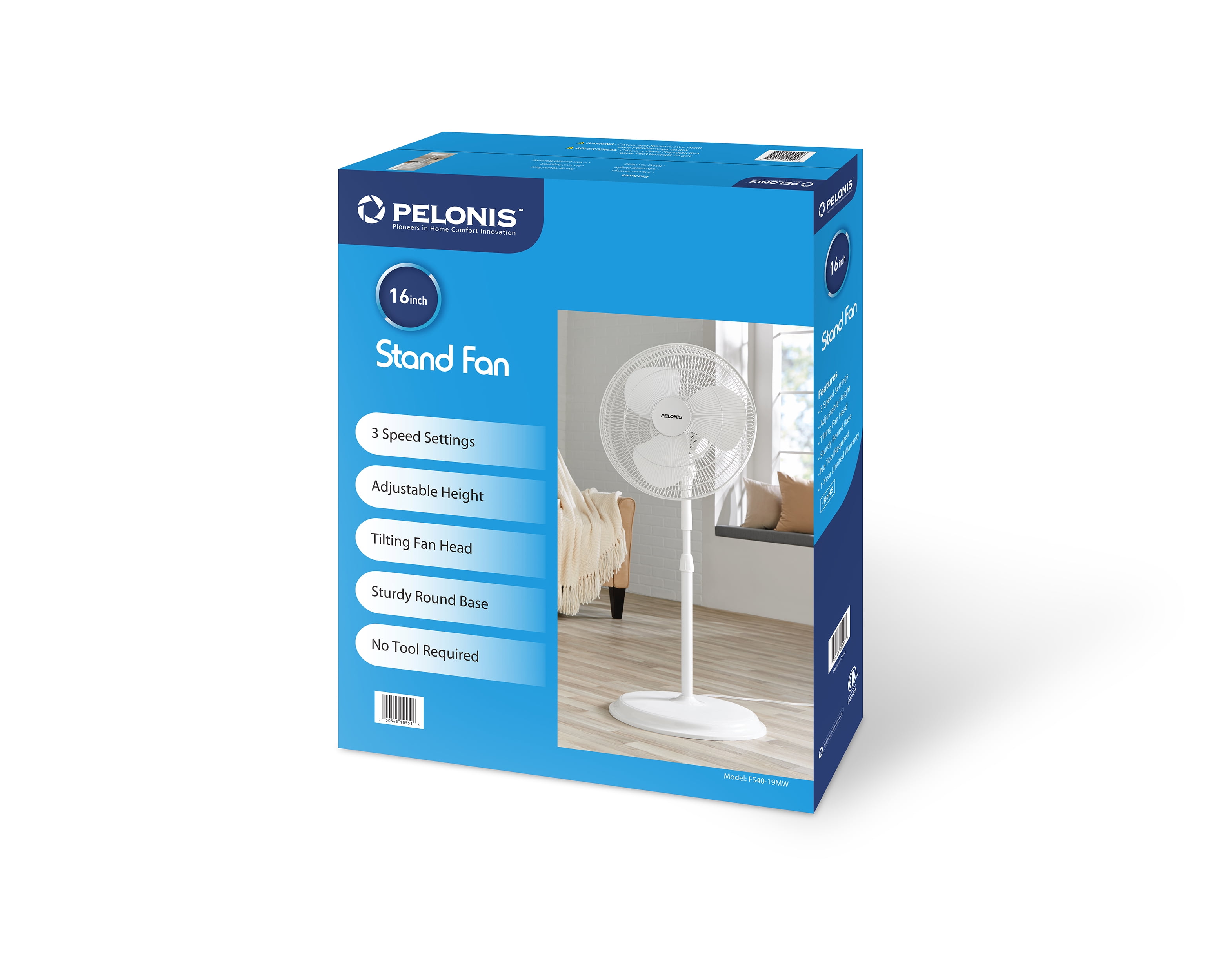 Pelonis 16" 3-Speed Oscillating, Adjustable Pedestal Fan, FS40-19MW, New, White