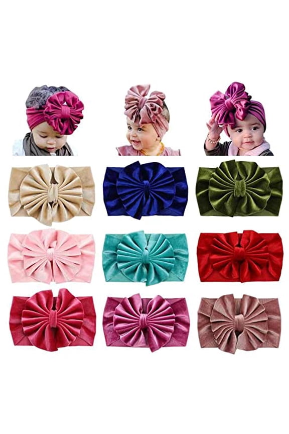 9 Pack Solid Soft Velvet Stretchy Knot Bowknot Hair Bows Wide Headbands Headwraps Autumn Winter Hair Accessories for Baby Girls Infants Toddlers Kids