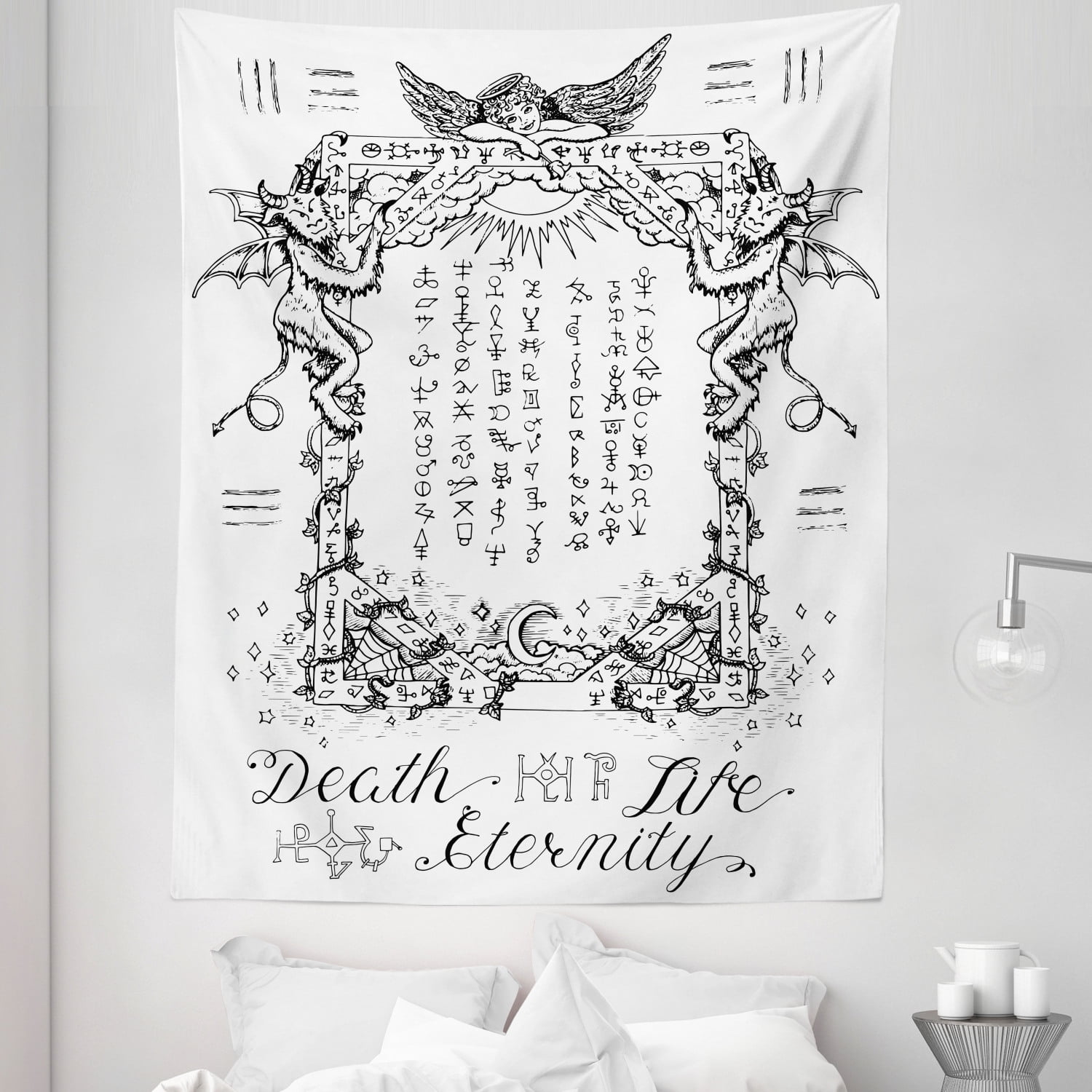 White Tapestry, Gothic Medieval Magic and Spell Eternal Life Chart Themed Art, Fabric Wall