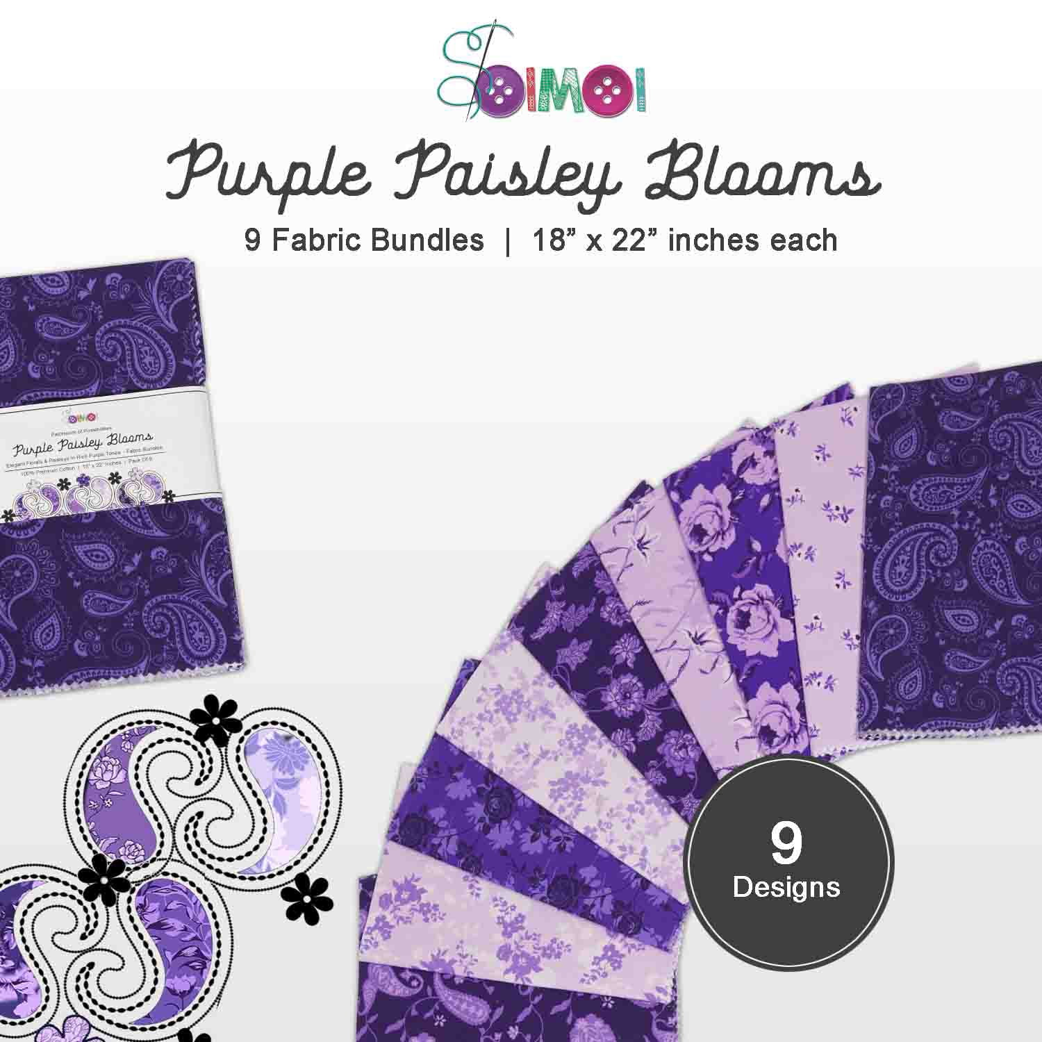 9Pcs Fat Quarter Bundle 100% Cotton Fabric for Quilting Patchwork Cushions Cotton Fabric for Patchwork, DIY Making Supplies Sewing Project, 18" x 22" - Purple Paisley Blooms