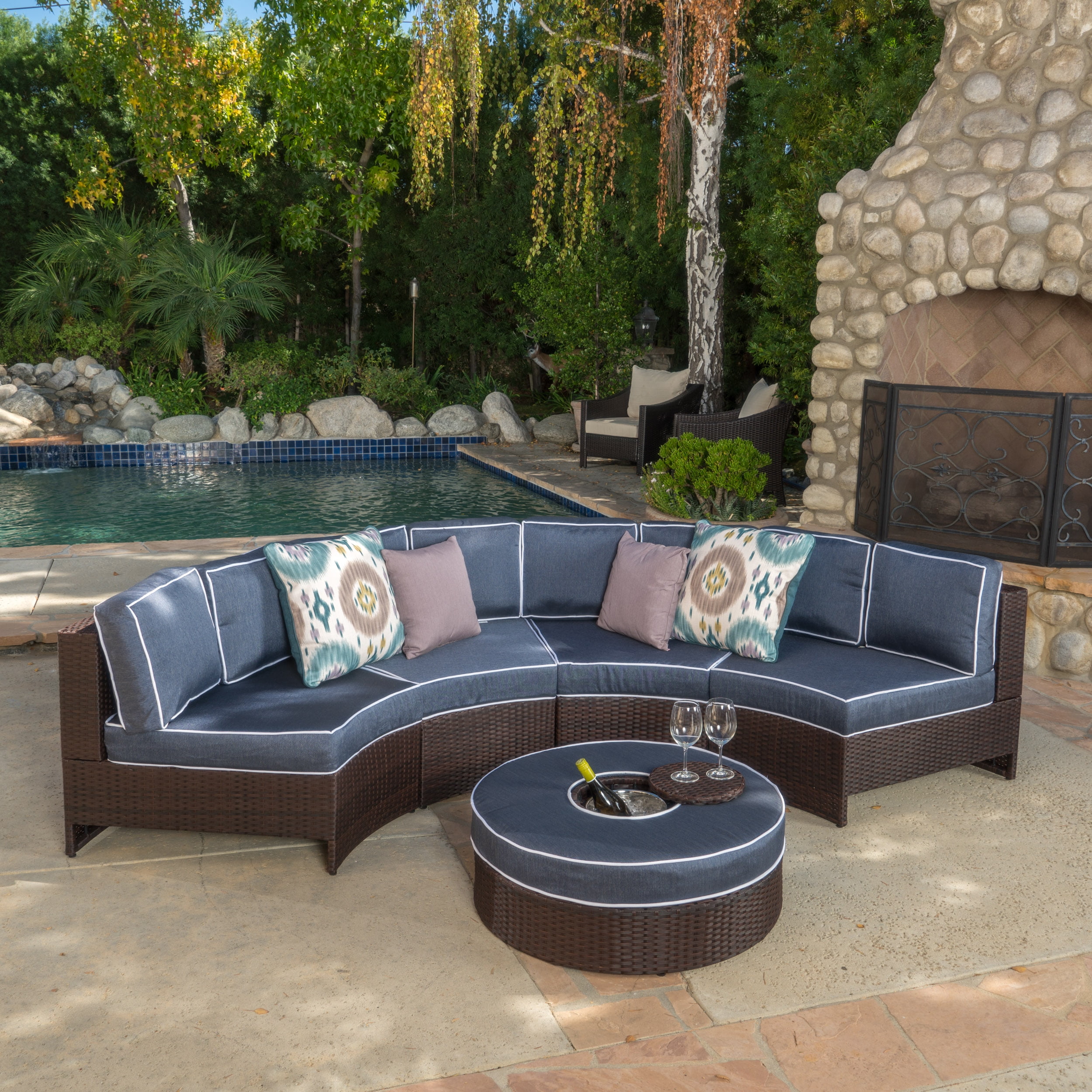 Sinclair 5 Piece Outdoor Wicker 1/2 round Seating Set with Cushions and