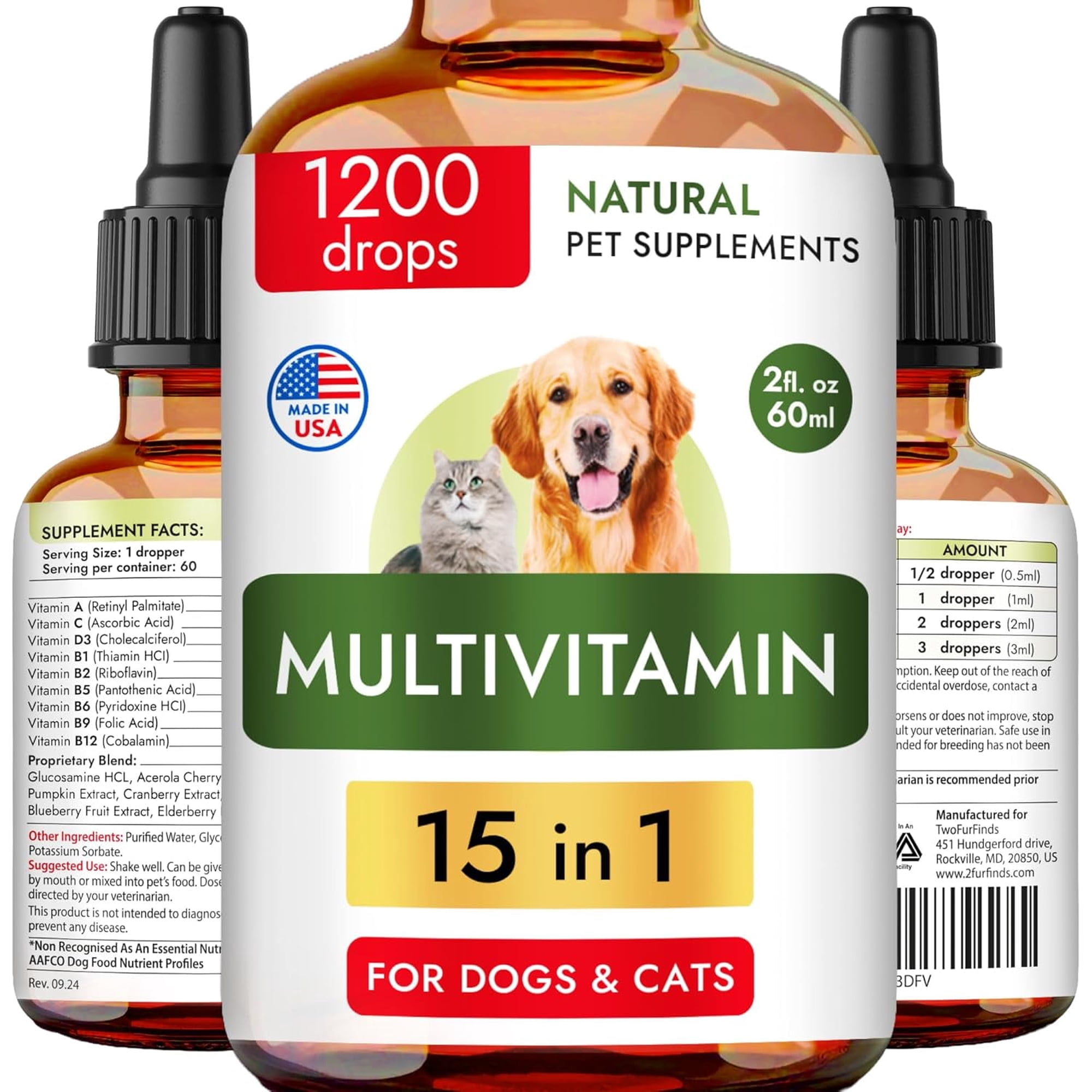 Bark&Spark 15-in-1 Liquid Multivitamin for Dogs & Cats - Glucosamine, Cranberry, Vitamin B Complex - Joint, Immune & UTI Support (2 fl oz)