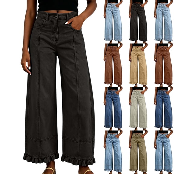 DYTTDG Women's Ruffle Hem Wide Leg Jeans, High Waist Straight Cut Denim Trousers With Side Pockets for Daily Casual Wear (S-3XL)