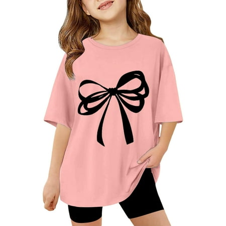 WhouRiu Big Girl T Shirt Summer Bow Graphic Short Sleeve Tshirt Kids Summer Loose Sports Durable T Shirts Pink Size 11-12 Years