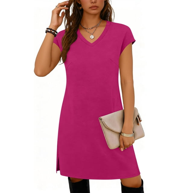 TaTaai Women's V-Neck Sleeveless Midi Dress Solid Color Loose Fit Casual Dress with Side Slit Lightweight Polyester Summer Wear Gift