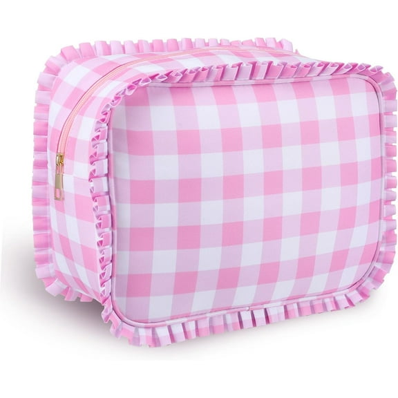 Pink Gingham Makeup Bag, Checkered Cosmetic Bag with Zipper for Women, Travel Toiletry Organizer