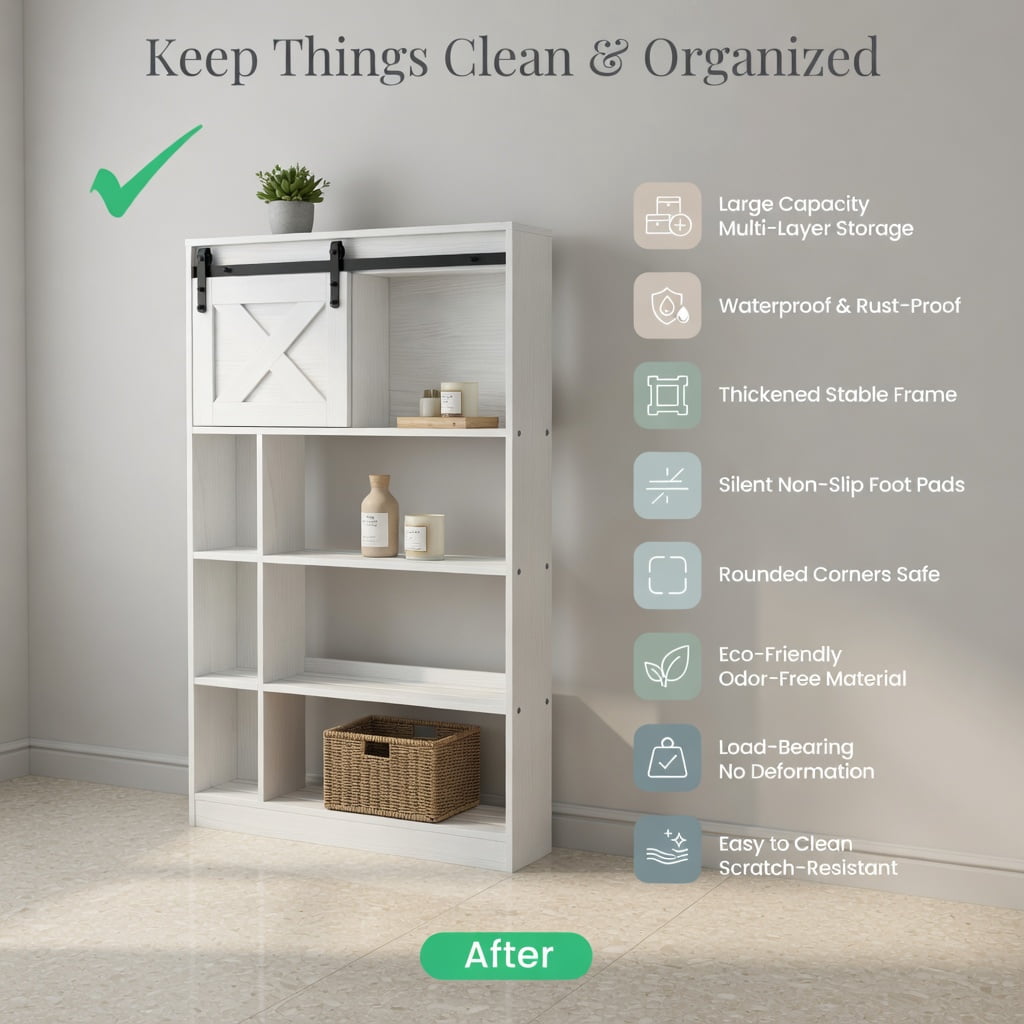Hommoo 4-Tier Over-the-Toilet Storage Cabinet with Sliding Barn Door, Engineered Wood Bathroom Organizer Shelf, White