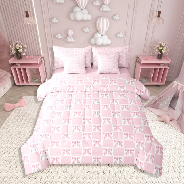 Erosebridal Teens Bowknot Bed in a Bag Full size,Geometric Checkered Bed Set,Grid Decoration,Reversible,7pcs