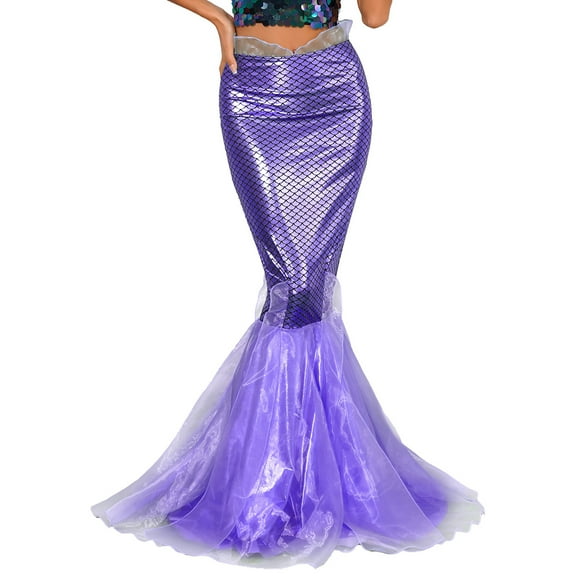 YONGHS Women's Mermaid Fishtail Fish Scale Skirt Shiny High Waist Bodycon Long Maxi Skirt Purple M