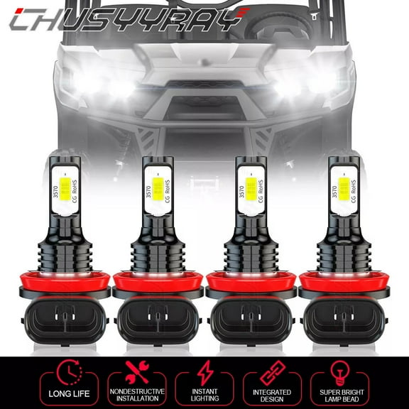 H11 LED Headlight Bulbs Upgrade Kit 6000K White 4Pcs - for Can-Am Defender HD5 HD8 HD10