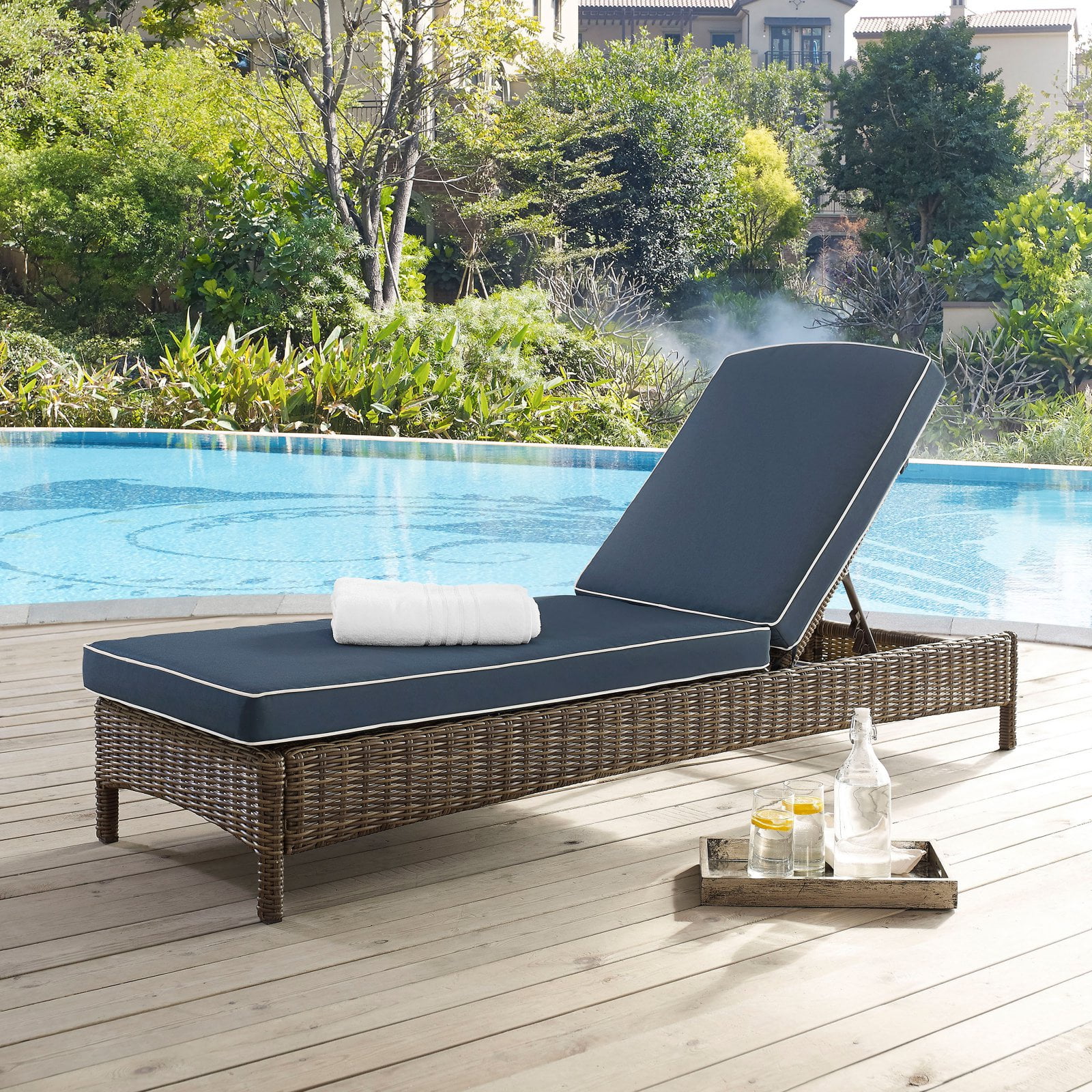 Bradenton Outdoor Wicker Chaise Lounge - Navy - Crosley: UV-Resistant with Adjustable Back &#38; Foam Cushions