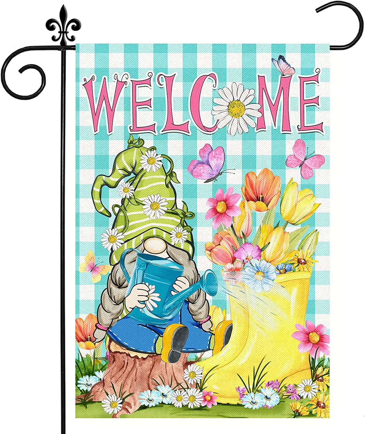 JOOCAR Garden Flags, Blue and White Checkered Spring Flowers Gnome ...