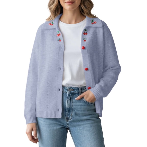 Fall Cardigans Women Casual Loose Fit Embroidered Cherry Sweater Long Sleeve Versatile Top Knitwear Lightweight Cardigans