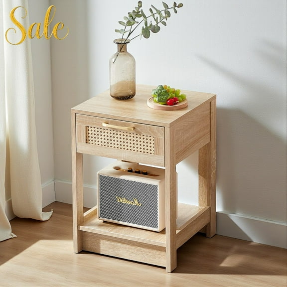 Tcbosik Modern Boho Nightstand with Rattan Decorated Drawer & Aluminum Alloy Handle, Bedside End Table with Storage Shelf for Bedroom,Small Space (Natural)