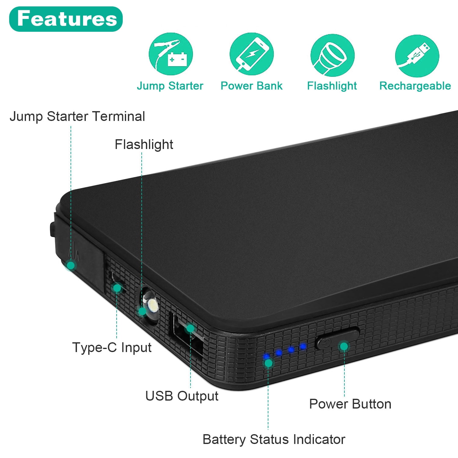 20000mAh Car Jump Starter - 400A Peak Current for Up to 2.0L Gas Engines, Portable Power Bank with USB 5V/2A, 3-Mode Emergency Flashlight (Normal/Strobe/SOS), Lightweight Ideal Gift