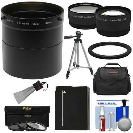 Panasonic Lumix DMC-FZ200 Digital Camera Essentials Bundle with Adapter Tube + 2.5x Tele & .45x Wide Lens + 3 Filters + DMW-BLC12 Battery + Case + Tripod Kit