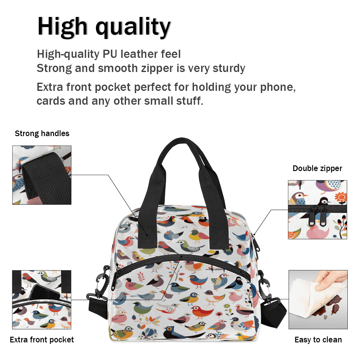 Herdesigns Colorful Birds Insulated Lunch Bag for Women Men Adults Large Reusable Lunch Box Cute Bird Leakproof Cooler Tote Bags with Adjustable Shoulder Strap