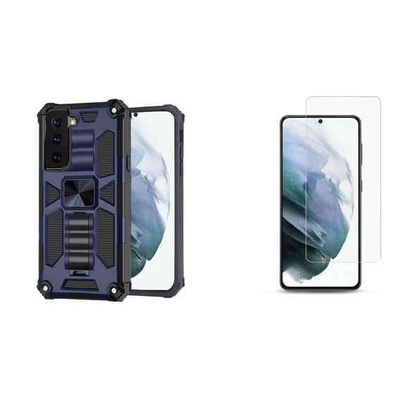 Machine Shield Case for Samsung Galaxy S21 FE (Heavy Duty Rugged Protection Kickstand Cover) with Belt Clip Holster, (2-Pack) Tempered Glass Screen Protectors and Keychain Touch Tool - Blue