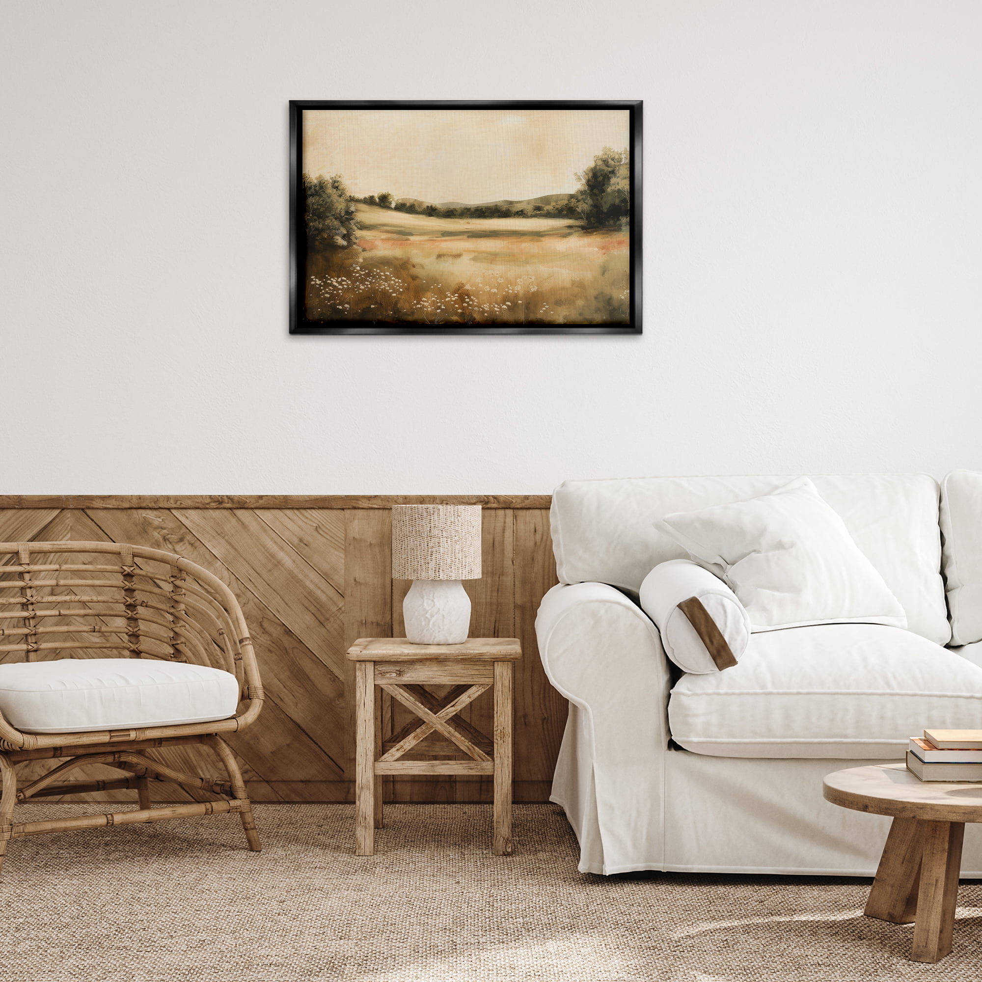 Stupell Industries Neutral Meadow Landscape Landscape & Nature Painting Black Floater Framed Canvas Art Print Wall Art, 31 x 21