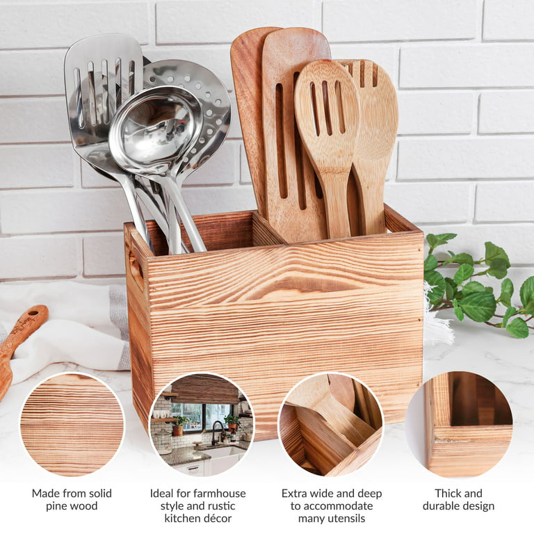 Utensil Holder in Rustic Wood for Farmhouse Décor, Cooking Tools Kitchen  Storage Organizer (Double)