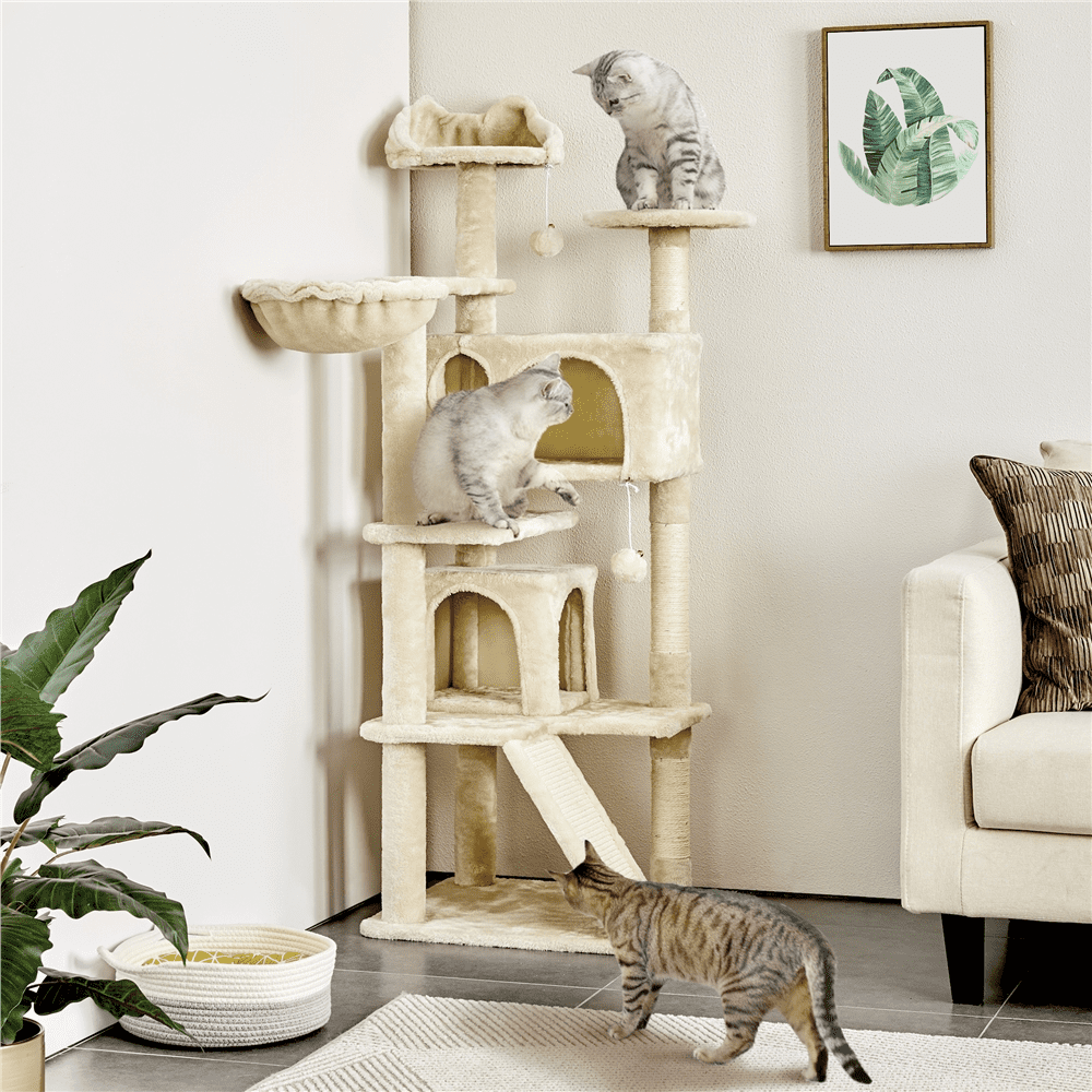 Alden Design 57.5" Double Condo Cat Tree with Scratching Post Tower, Beige